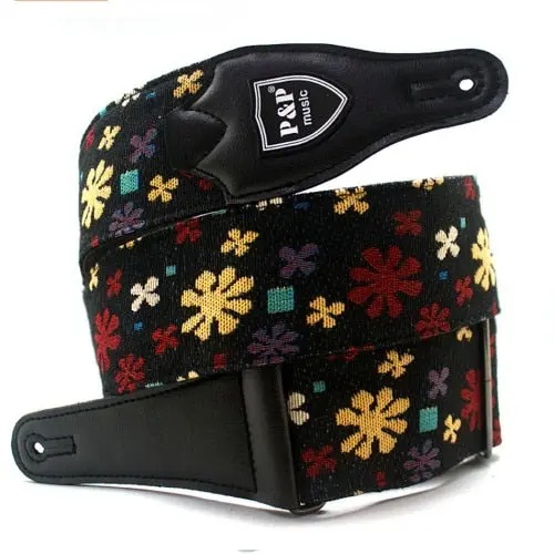 Gitar Askı Strap Siyah Papatya Motifli
