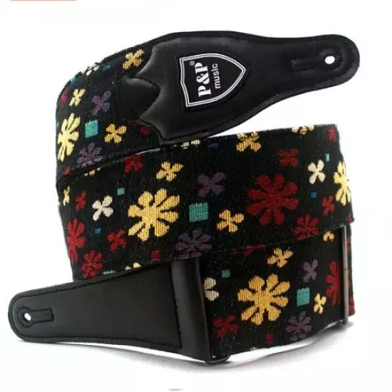 Gitar Askı Strap Siyah Papatya Motifli